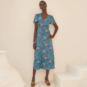 Dámské šaty Dlouhé šaty s výstřihem do V a potiskem modrá/růžová 42