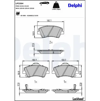 Brzdová destička Sada brzdových destiček, kotoučová brzda DELPHI LP3264