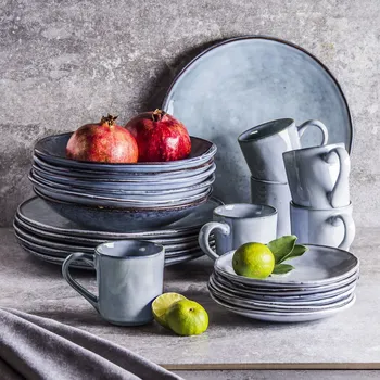 Talíř Kameninová jídelní a kávová souprava pro 6 osob ORGANIC HAND MADE BLUE 24 eq.