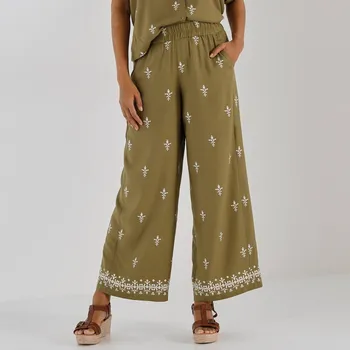 Dámská móda Široké kalhoty s pružným pasem a etno potiskem khaki 44