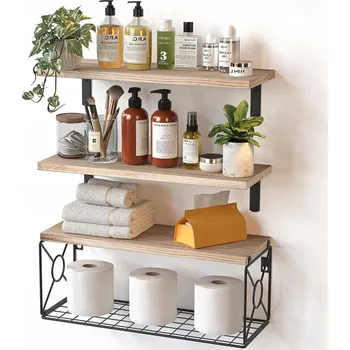 police Koupelnová Polička s Košíkem Dřevěná Závěsná Nástěnná Police pro Ukládání
