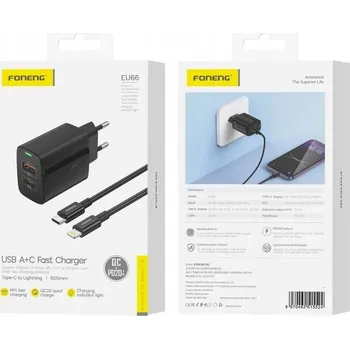 FONENG síťová nabíječka EU66 PD 20W 1xUSB-C + 1xUSB QC3.0 + USB-C kabel -