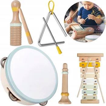 Dřevěná hračka VÍCEBAREVNÁ DŘEVĚNÁ HUDEBNÍ SADA, DEKORACE A ZÁBAVA PRO MALÉ DĚTI