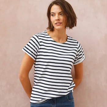 Žerzejové proužkované tričko s kulatým výstřihem bílá/nám. modrá 34/36