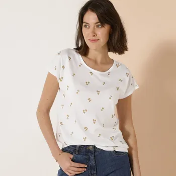 Dámská móda Tričko s kulatým výstřihem a zlatým potiskem třešní bílá/zlatá 52