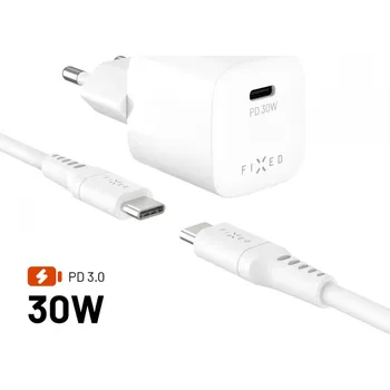 Set síťové GaN nabíječky FIXED Mini s USB-C výstupem a USB-C/USB-C kabelu, podpora PD, 1,2 metr, 30W, bílý