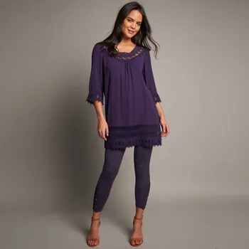 Dámské tričko Kreponová tunika s 3/4 rukávy a macramé fialová 36