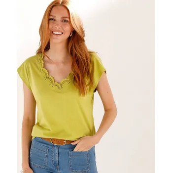 Dámská móda Jednobarevné tričko s výstřihem do V lemovaným macramé anýzová 34/36