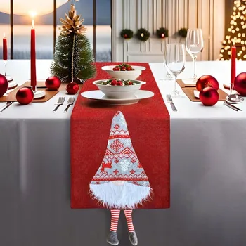 ubrus Vánoční běhoun na stůl s elfem, červený lněný, 34 x 180 cm