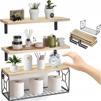 Obraz Nástěnné police PAULOWNIA 3 KUSY S KOŠÍKY DO KOUPELNY KUCHYNĚ LOŽNICE