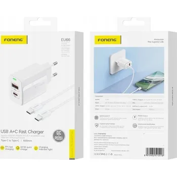 FONENG Síťová nabíječka 20W 1xUSB-C + 1xUSB QC3.0 + kabel USB-C - USB-C