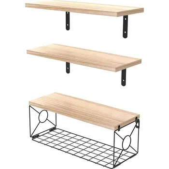 police Dřevěné nástěnné police s košíkem 40x15 cm - regál na ručníky a kosmetiku