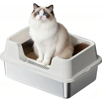 Velká kočičí toaleta, kovová toaleta pro kočky z nerezové oceli s vysokými okraji