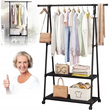 Věšák STOJAK UBRANIOWY S POLICEMI NA KOLEČKÁCH ČERNÝ DO OBÝVACÍHO POKOJE PŘEDSÍNĚ