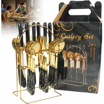Příbor PŘÍBORY 24 KS OCEL NEREZ ČERNÁ ZLATÁ PROTISKLUZOVÁ RUKOJEŤ + STOJAN