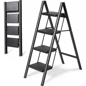 Žebřík Skládací 4-stupňový žebřík Domácí schůdky Černá pomocná stolička