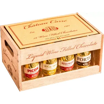 Čokoláda Čokoládové lahvičky (16 ks) s tekutým vínem 200 g - v dřevěné krabičce (belgické likérové pralinky / obsahuje alkohol / se skutečným VÍNEM !!! / hořká čokoláda)