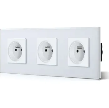 Elektrická zásuvka Nástěnná zásuvka s rámečkem z tvrzeného skla, 3 zásuvky, 16 A, bílá