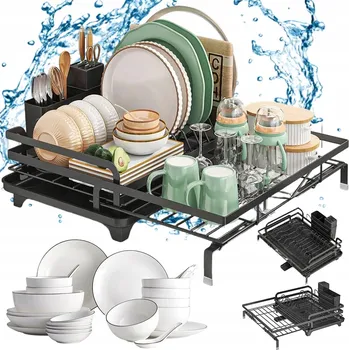 Obraz STABILNY STOJAK DO SUSZENIA NACZYŃ NA BLAT S ODKAPEM VODY, ČERNÝ