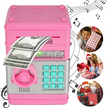 Obraz POKLADNIČKA SEJF BANKOMAT PRO DĚTI NA KÓD, NA MINCE I BANKOVKY - RŮŽOVÁ