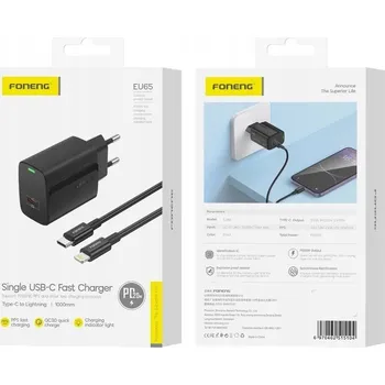 FONENG síťová nabíječka EU65 PD 20W 1xUSB-C + kabel USB-C - Lightning Černá