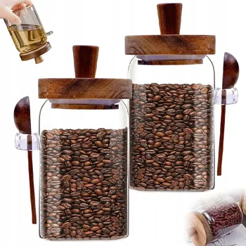 Dóza na potraviny Nádoba zavařovací sklenice s bambusovým víčkem a lžička cukr sůl Káva 600 ml