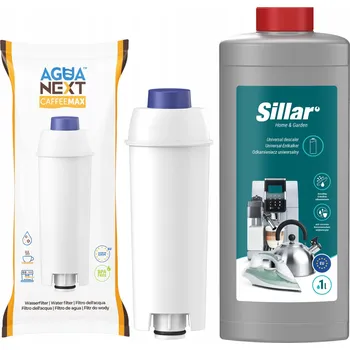 Příprava kávy Sillar odvápňovač pro kávovar + Agua Next filtr do kávovaru Delonghi