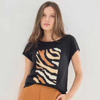 Dámská móda Tričko s potiskem a krátkými rukávy černá/karamelová 54