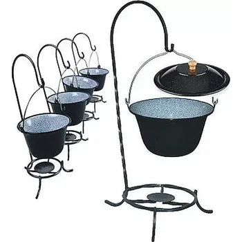 kotlíky Set stojan s kotlíkem a poklicí 4 L smalt + souprava 4 kusů černých kotlíků na stojáncích