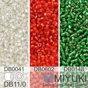 Korálek Korálky Miyuki Delica 11/0. Barevné variace č. 20 DB041, DB0148, DB0602. Balení 3x5g