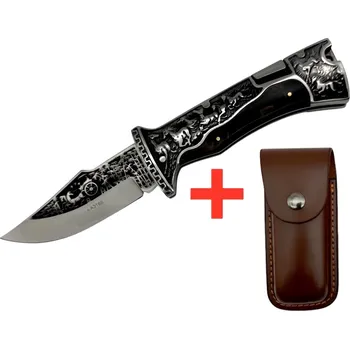 kapesní nůž Skládací lovecký nůž s motivem koně – dekorativní rytina + pouzdro