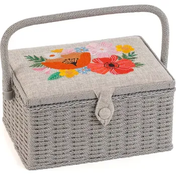 Organizér galanterie Střední košík na krejčovské a pletací potřeby s výšivkou na víku - Luční kvítí (Sewing box : M : Embroidery: Wildflowers )