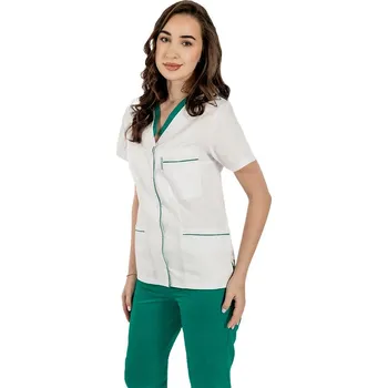 Zdravotnický oděv Bílá zdravotnická halenka - zelený lem - dámská | drinuniforma.cz