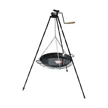 Outdoor vaření Grilovací set: Černá ocelová trojnožka 1,25 m s kladkou, grilovací rošt 50 cm a smaltovaná Paella pánev 42 cm