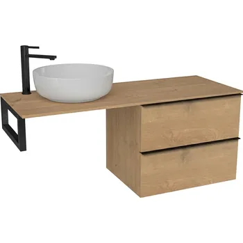 Koupelnový nábytek CERANO - Deska pod umyvadlo Navira Slim - 161x46,5x1,8 cm - skříňka Velora 79 cm - dub medový, černá úchytka - konzole černá