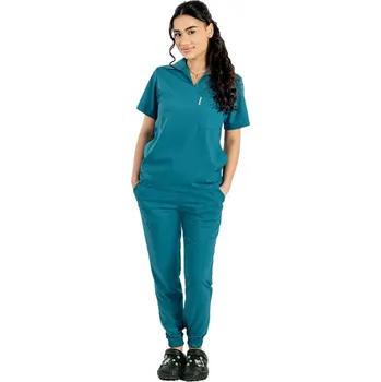 Zdravotnický oděv Doctor in uniforma - Lékařský polo overal aqua stretch s halenkou do v a tepláky jogger se stahovací šňůrkou a gumou - Lékařský polo overal aqua stretch s halenkou do v a tepláky jogger se stahovací šňůrkou a gumou - Lékařský polo overal - Lékařský polo o