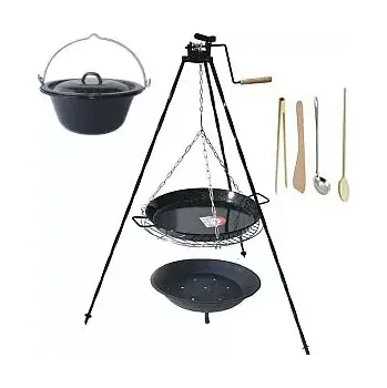 kotlíky Set 3 v 1, trojnožka s kladkou 1,25 m, rošt 50 cm, Paella pánev 42 cm a smaltovaný kotlík s poklicí 14 L s ohništěm