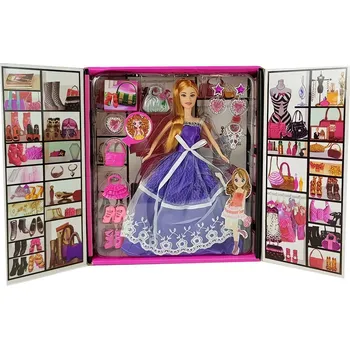 Hračka pro kočku LEAN Toys 7018 Panenka ve fialových šatech s doplňky 28 cm