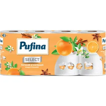 Toaletní papíry PUFINA Toaletní papír, 4vrstvý, celulóza s vůní Pomeranče a skořice 8 ks