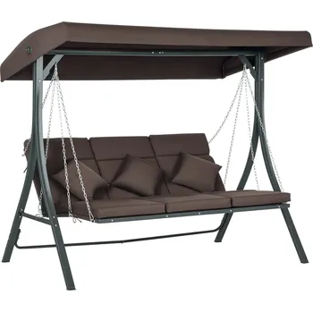 Zahradní houpačka Outsunny Hollywoodská houpačka pro 3 osoby, houpací lavice s nastavitelnou stříškou, s polštáři, max. nosnost 270 kg, kov, Texteline, hnědá | Aosom