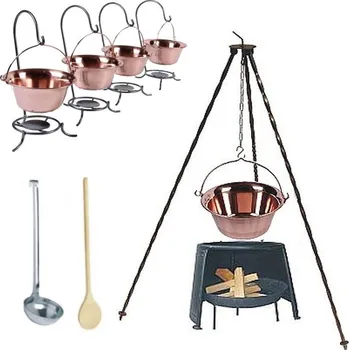 kotlíky Trojnožka 1,25 m, závětří 33, ohniště a měděný gulášový kotlík 10 litrů FULL