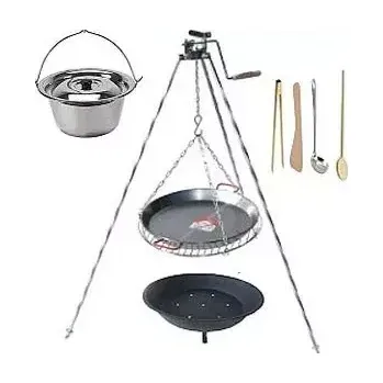 kotlíky Set 3 v 1, trojnožka s kladkou 1,25 m, rošt 50 cm, Paella pánev 42 cm a nerezový kotlík s poklicí 14 L s ohništěm