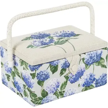 Organizér galanterie Střední košík na krejčovské a pletací potřeby s výšivkou na víku - Modrá hortenzie (Sewing box : M : Embroidery: Hydrangea Blue)
