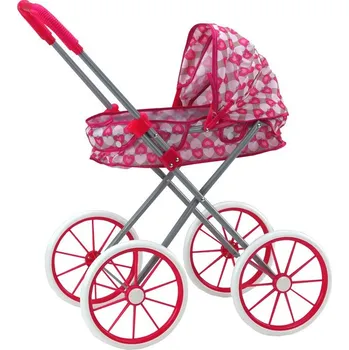 Kočárek pro panenku LEAN Toys 17740 Skládací kočárek pro panenky s velkými koly, růžový se srdíčky