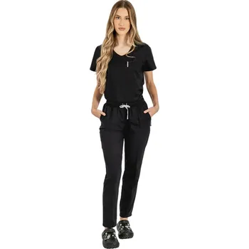 Zdravotnický oděv Černý strečový lékařský oblek s halenkou do v, stahovací šňůrkou a elastickými kalhotami