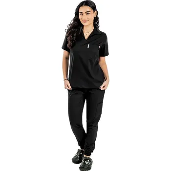 Zdravotnický oděv Černý strečový polo oblek s halenkou do v a tepláky se stahovací šňůrkou a gumou