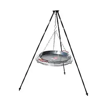 kotlíky Trojnožka černá 1,25 m, grilovací rošt 50 cm a Paella pánev 40 cm leštěná ocel