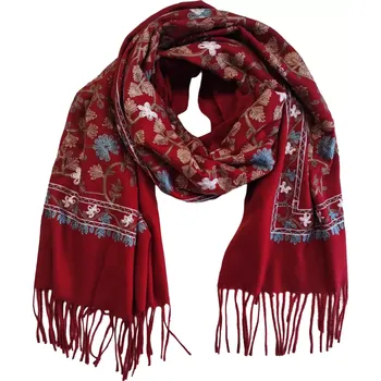 Šátek Dámská kašmírová šála s vyšívanými květinami DF4170 tm.červená velikost uni