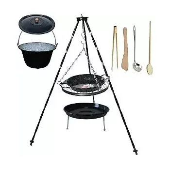kotlíky Set 3 v 1, trojnožka 1 m, rošt 35 cm, Paella pánev 28 cm smaltovaná a kotlík s poklicí 8 L smalt