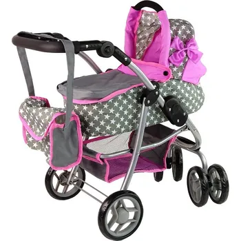 Doplněk pro panenku Alice 14955 Kočárek pro panenky 2 v 1, růžový s hvězdičkami